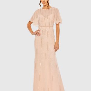 Pink High Neck Flutter Sleeve Embellished Gown