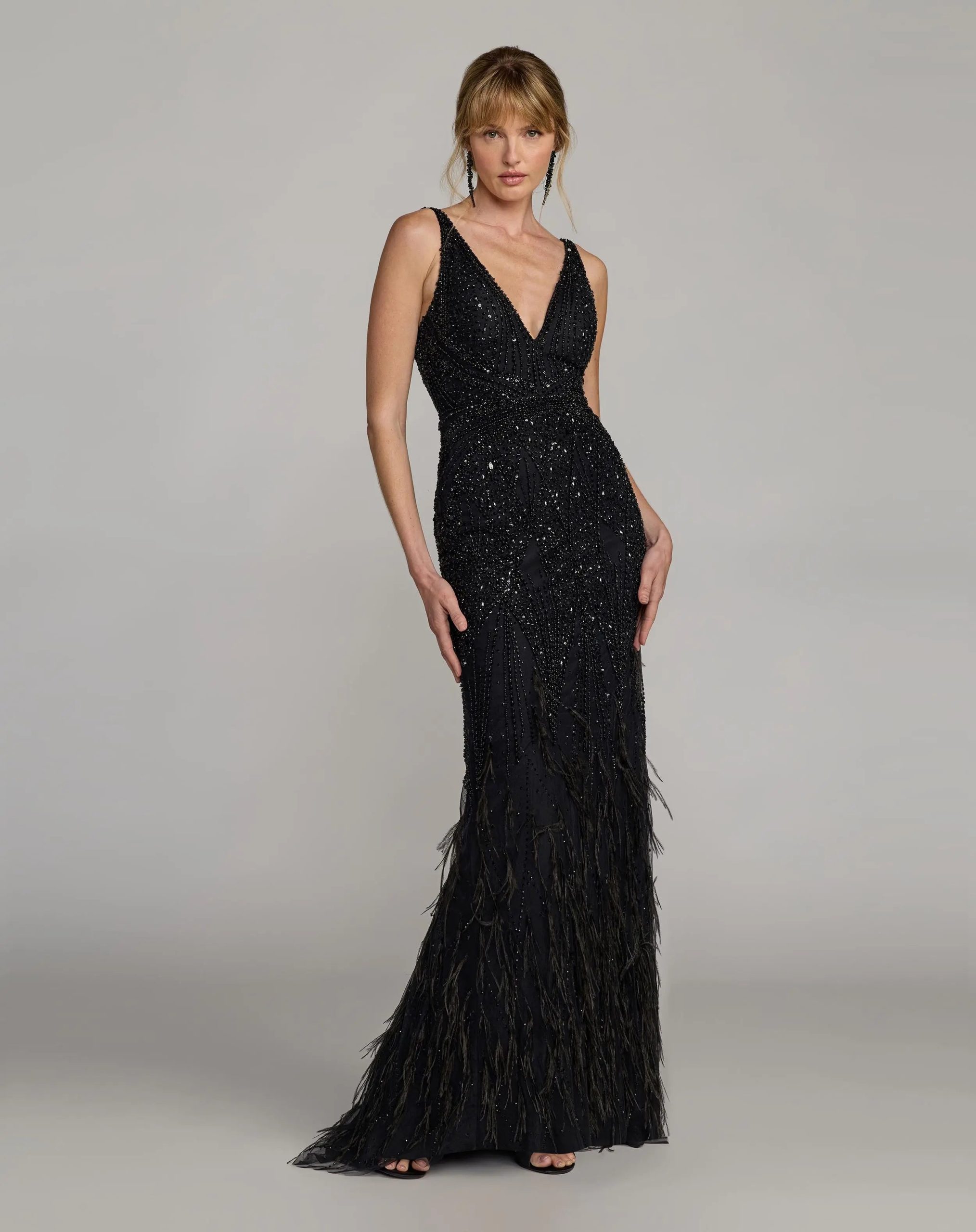 Black Embellished V-Neck Gown With Feather Hem - Image 4