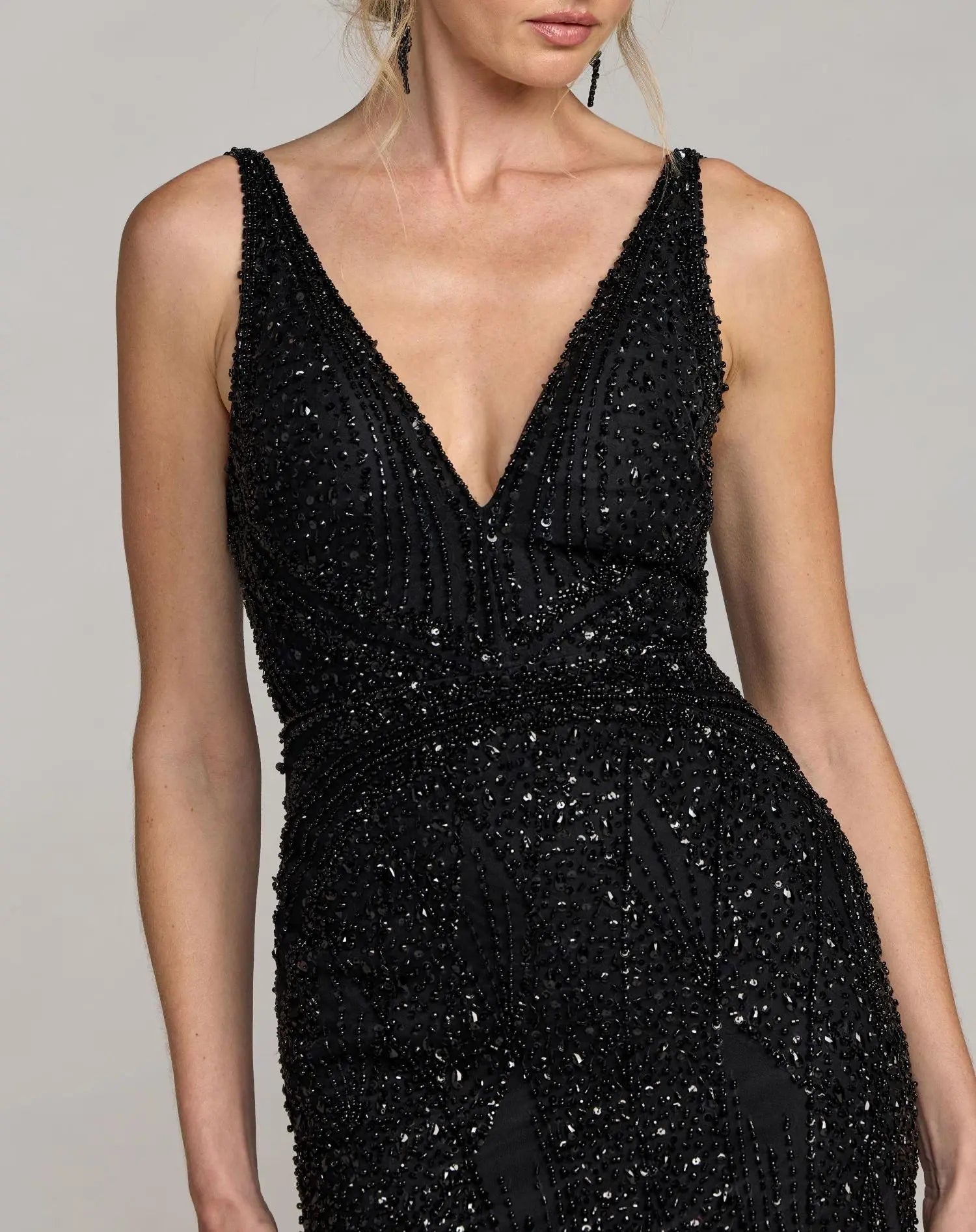 Black Embellished V-Neck Gown With Feather Hem - Image 5