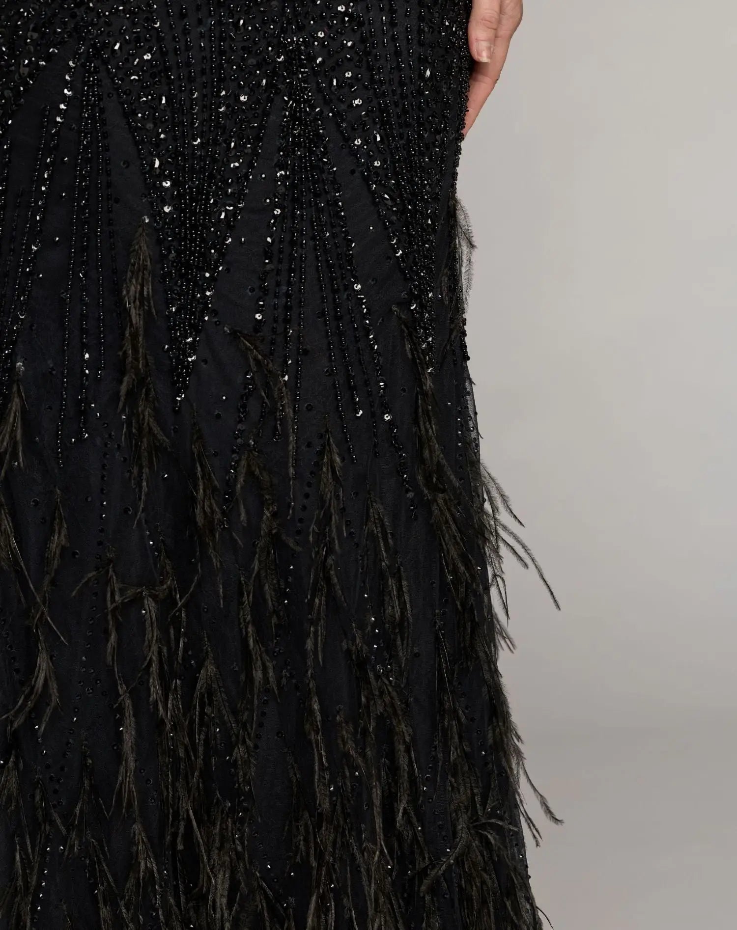 Black Embellished V-Neck Gown With Feather Hem - Image 6