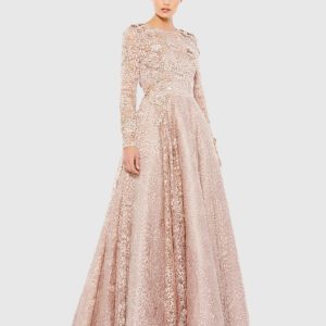 Pink Embellished Illusion Long Sleeve A Line Gown
