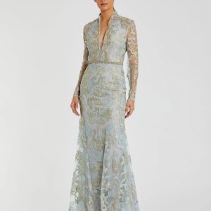 Blue Queen Anne Lace Long Sleeve V-Neck Trumpet Gown