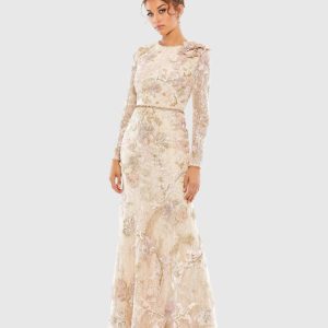 Pink and Beige Embroidered Lace Trumpet Evening Dress