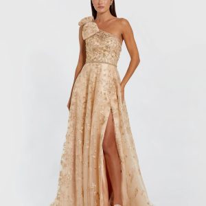 Beige Embellished Bow One Shoulder A Line Gown