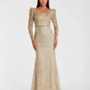 Gold Long Sleeve Embroidered Applique Trumpet Gown