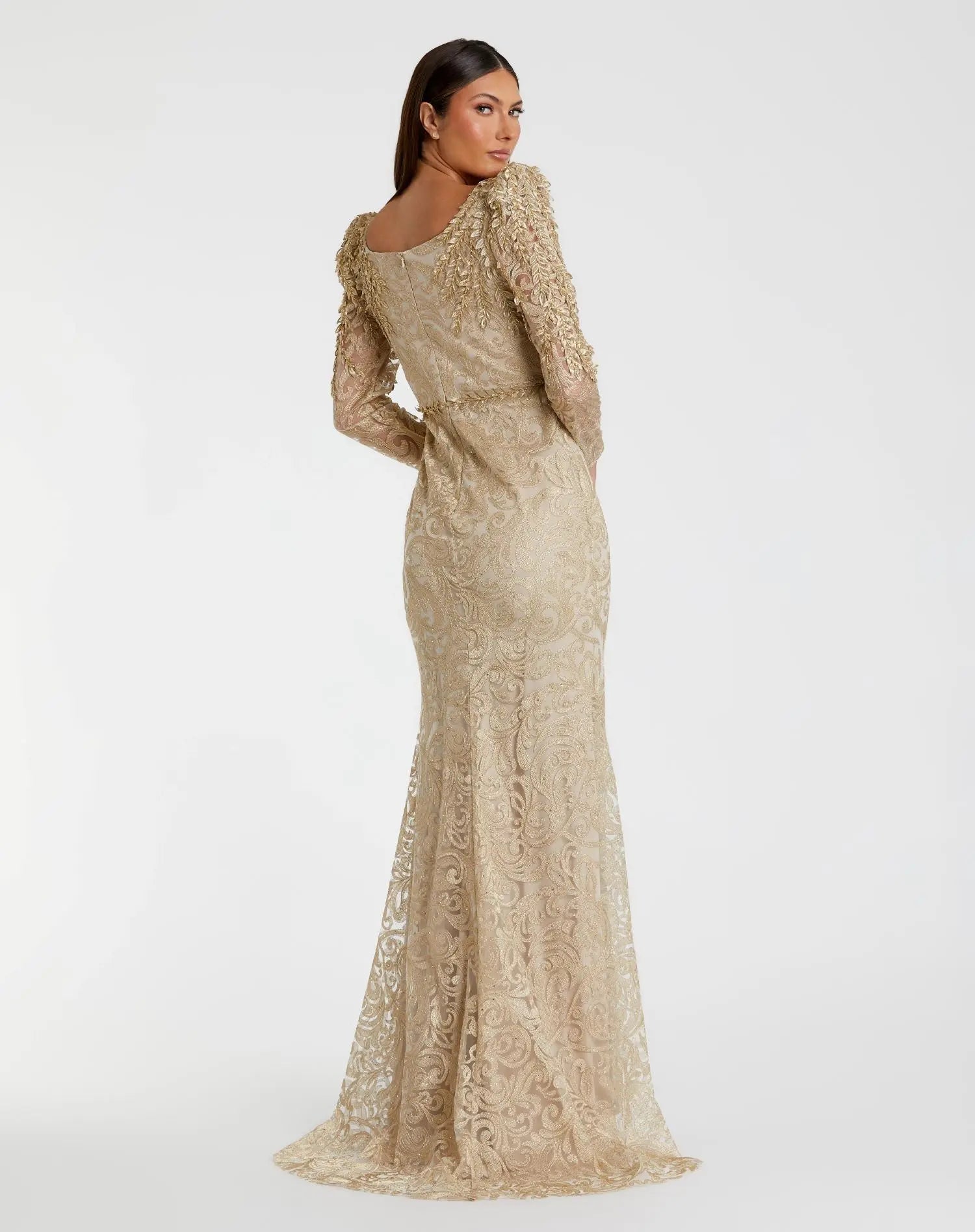 Gold Long Sleeve Embroidered Applique Trumpet Gown - Image 3