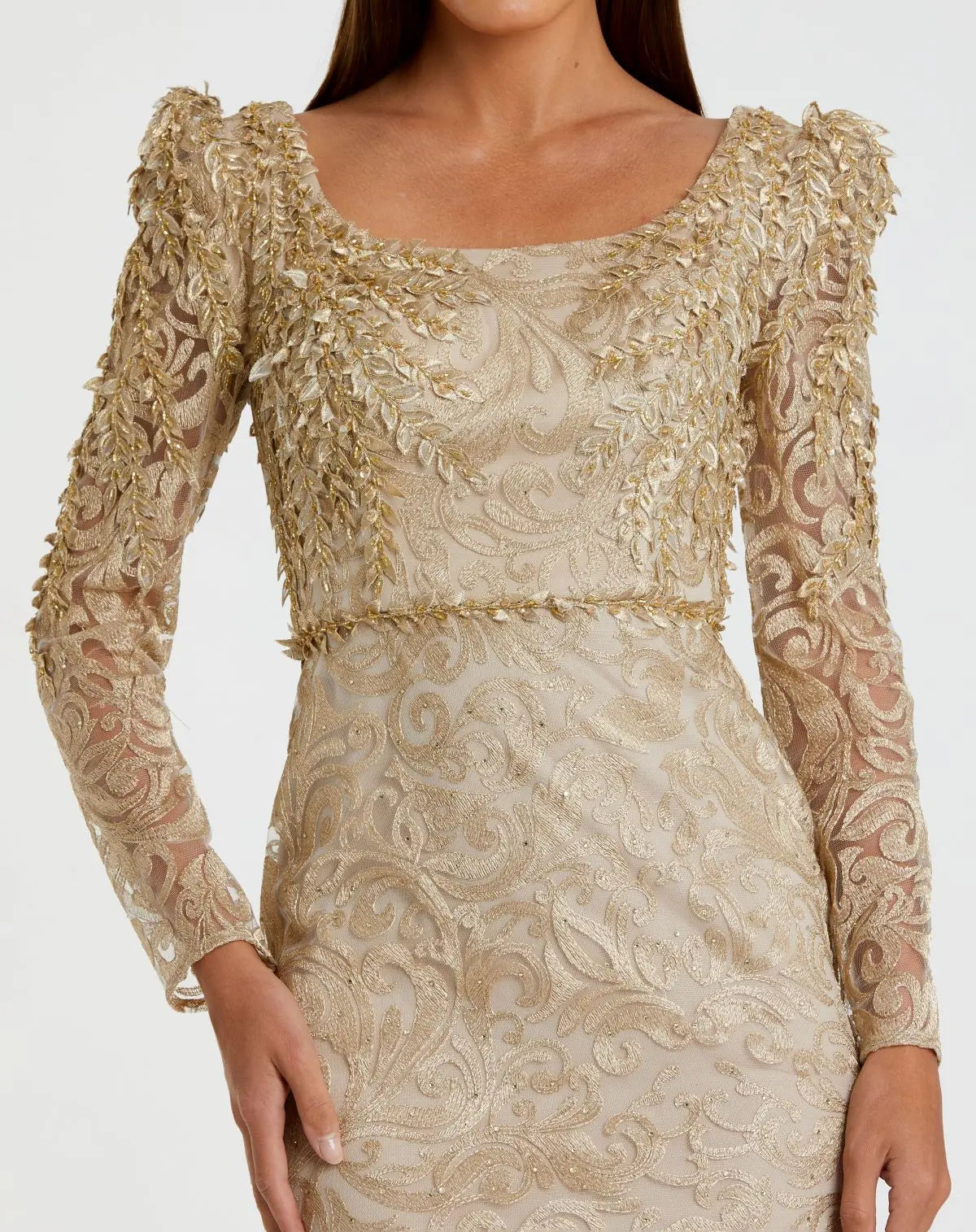 Gold Long Sleeve Embroidered Applique Trumpet Gown - Image 2