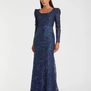 Navy Long Sleeve Embroidered Applique Trumpet Gown