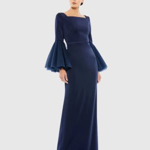 Navy Flounce Sleeve Square Neck Column Gown
