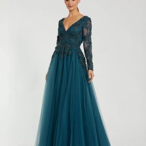 Teal Long Sleeve Embellished Tulle Gown