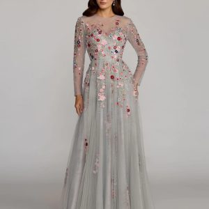 Gray Embroidered Illusion High Neck Long Sleeve A Line Gown