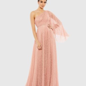 Lace One Shoulder Illusion Sleeve A Line Gown