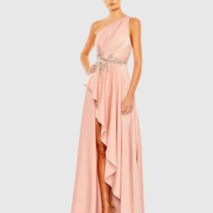 Pink Embellished One Shoulder Asymmetrical Gown