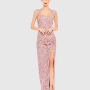 Pink Sequined Halter Strap Low Side Knot Gown
