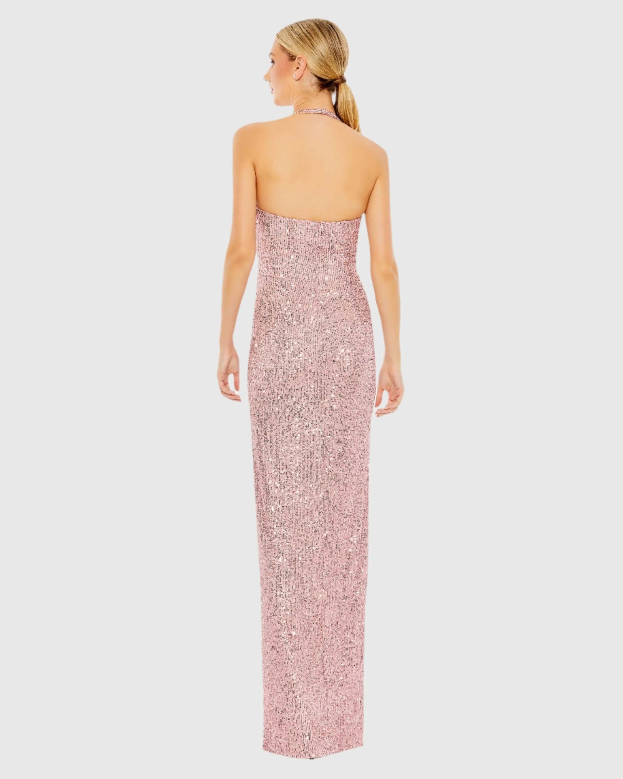 Pink Sequined Halter Strap Low Side Knot Gown - Image 2