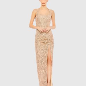 Gold Sequined Halter Strap Low Side Knot Gown