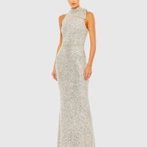 Silver Soft Tie Halter Neck Sequin Gown
