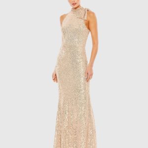Gold Soft Tie Halter Neck Sequin Gown