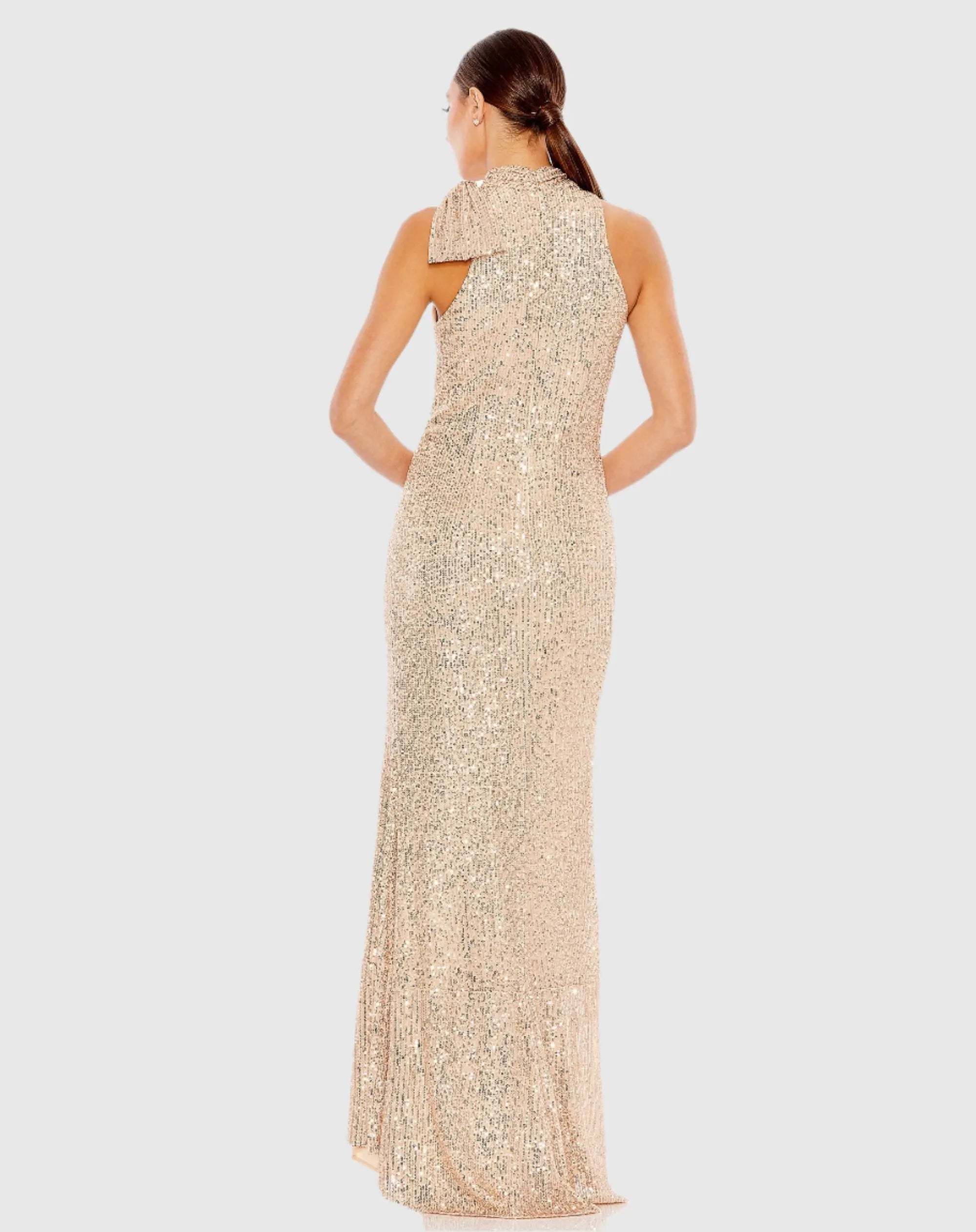 Gold Soft Tie Halter Neck Sequin Gown - Image 3