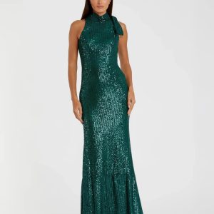 Green Soft Tie Halter Neck Sequin Gown
