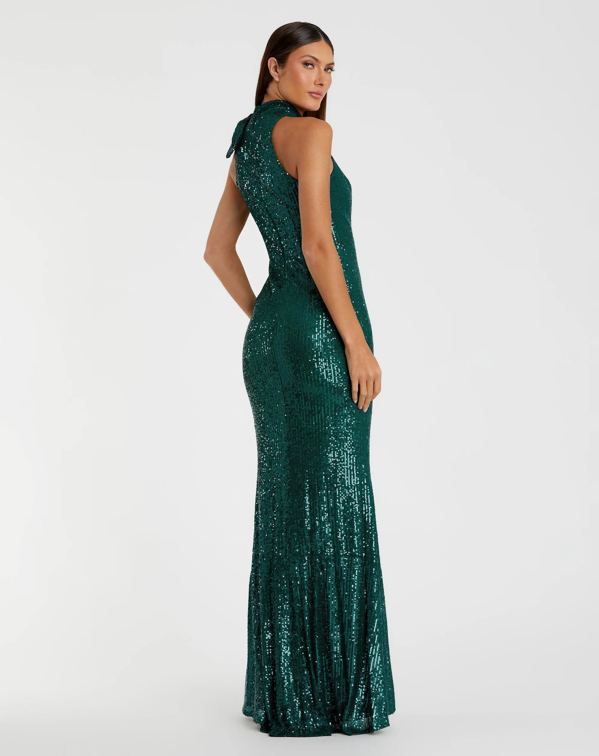 Green Soft Tie Halter Neck Sequin Gown - Image 3