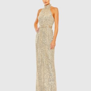 Gold Sequin Halter Neck Column Gown With Tie Belt