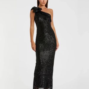 Sequined Bow One Shoulder Column Gown