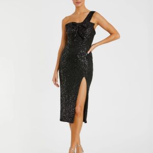 Black Sequined One Shoulder Front Bow Dress - FINAL SALE