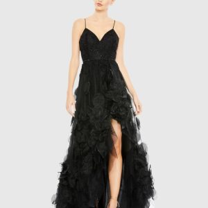 Black Embellished Floral High Low Sleeveless Gown