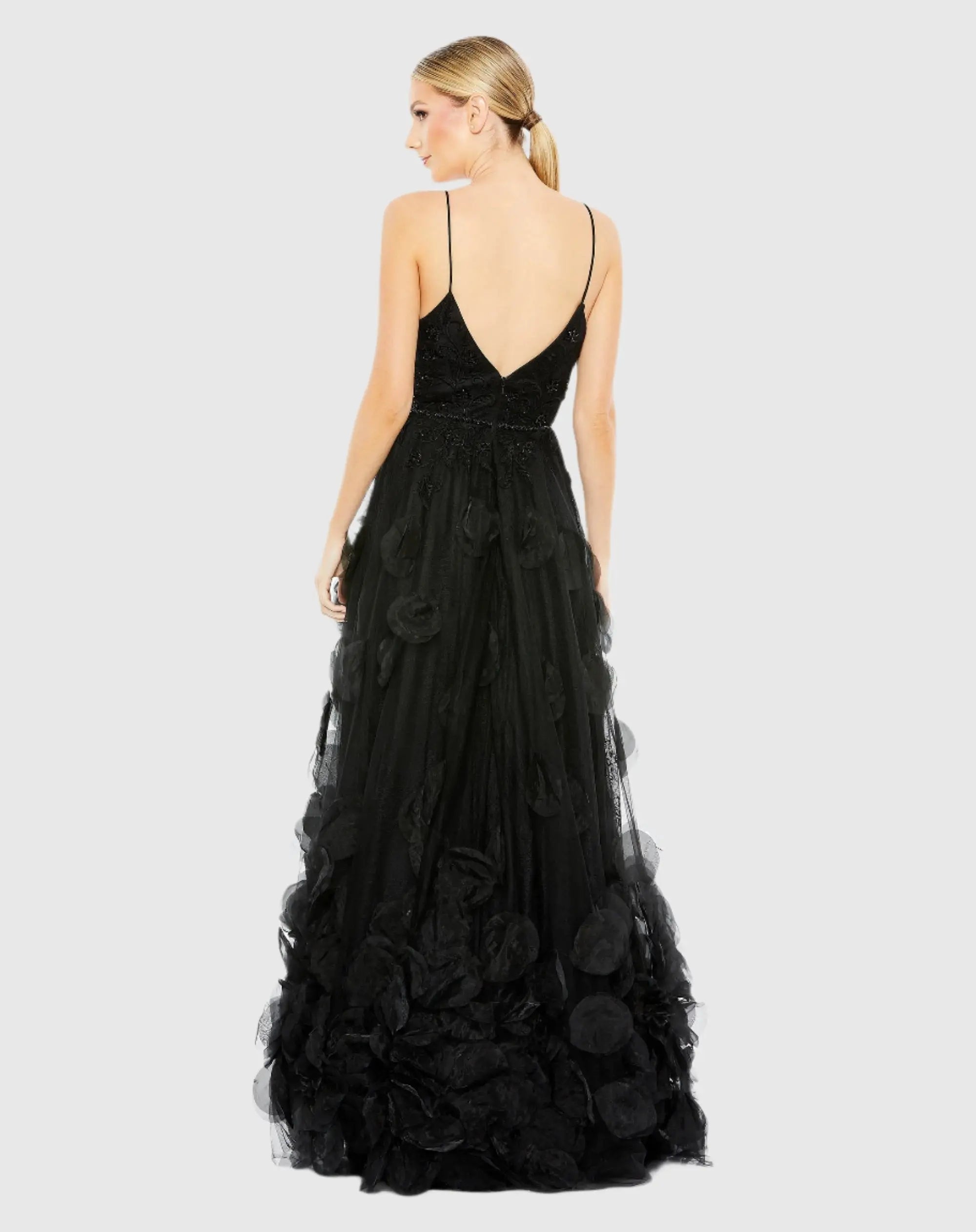 Black Embellished Floral High Low Sleeveless Gown - Image 3