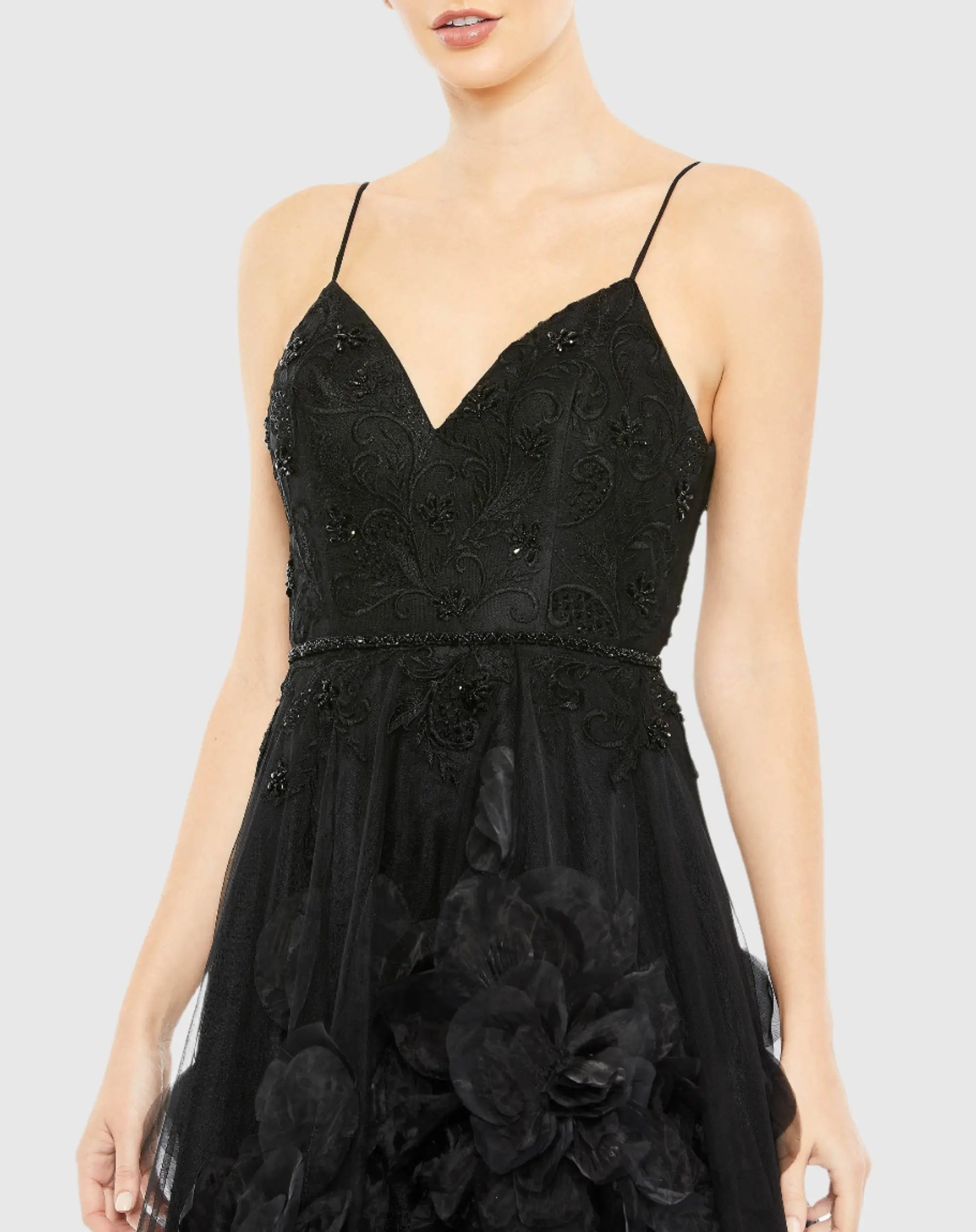 Black Embellished Floral High Low Sleeveless Gown - Image 2