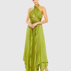 Green Pleated Halter Neck Asymmetrical Hem Gown