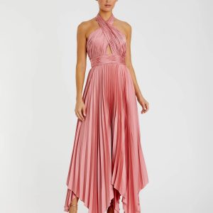 Pink Pleated Halter Neck Asymmetrical Hem Gown - FINAL SALE