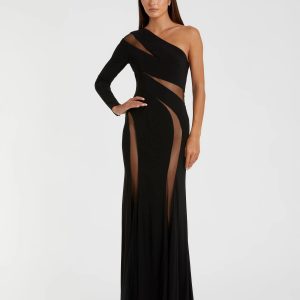 Black Jersey One Shoulder Illusion Cut Out Gown