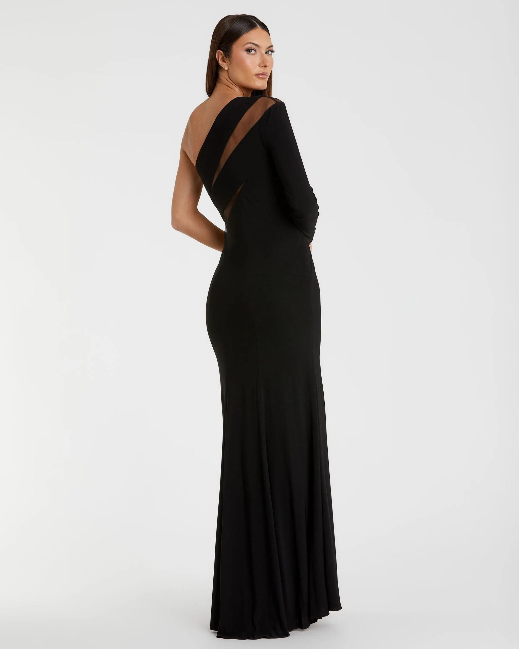 Black Jersey One Shoulder Illusion Cut Out Gown - Image 3