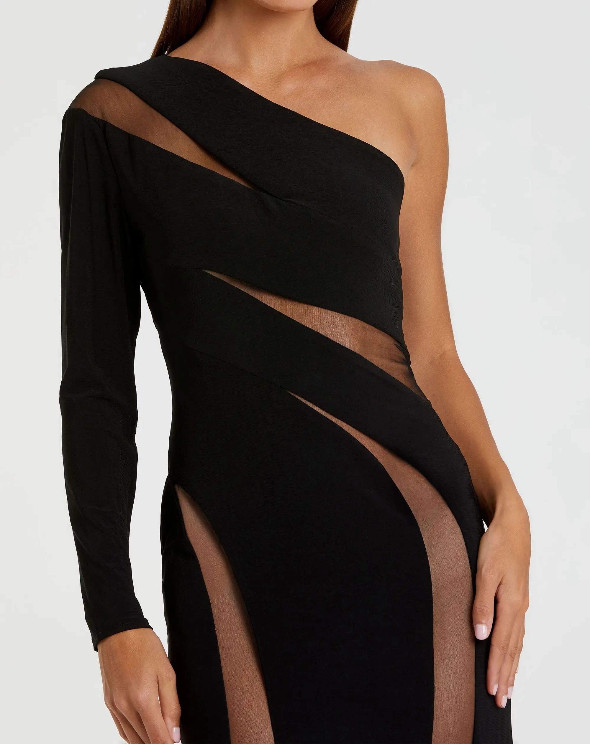 Black Jersey One Shoulder Illusion Cut Out Gown - Image 2
