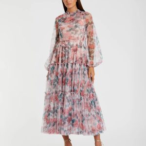 Multicolor Floral High Neck Balloon Sleeve Midi Dress