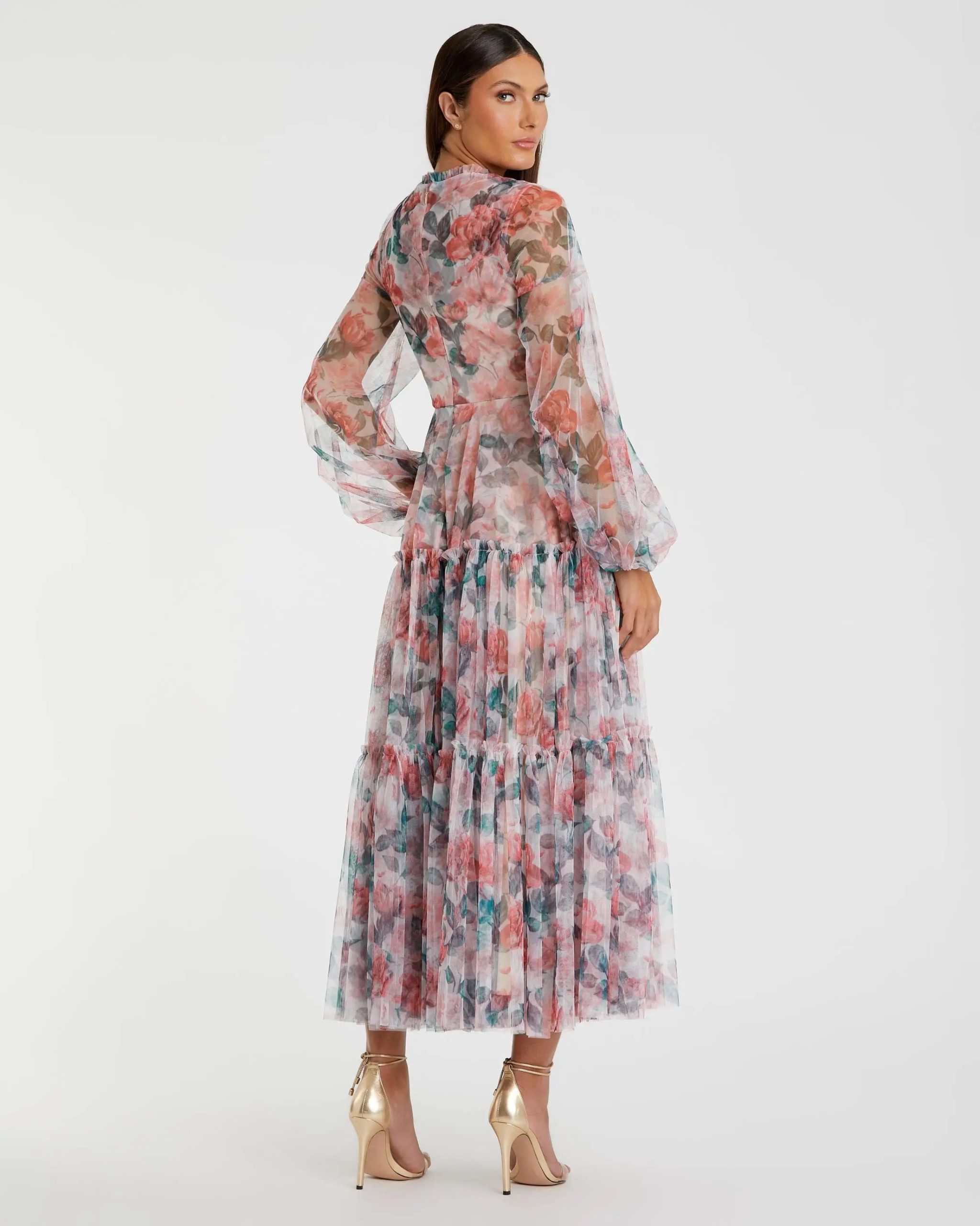 Multicolor Floral High Neck Balloon Sleeve Midi Dress - Image 3