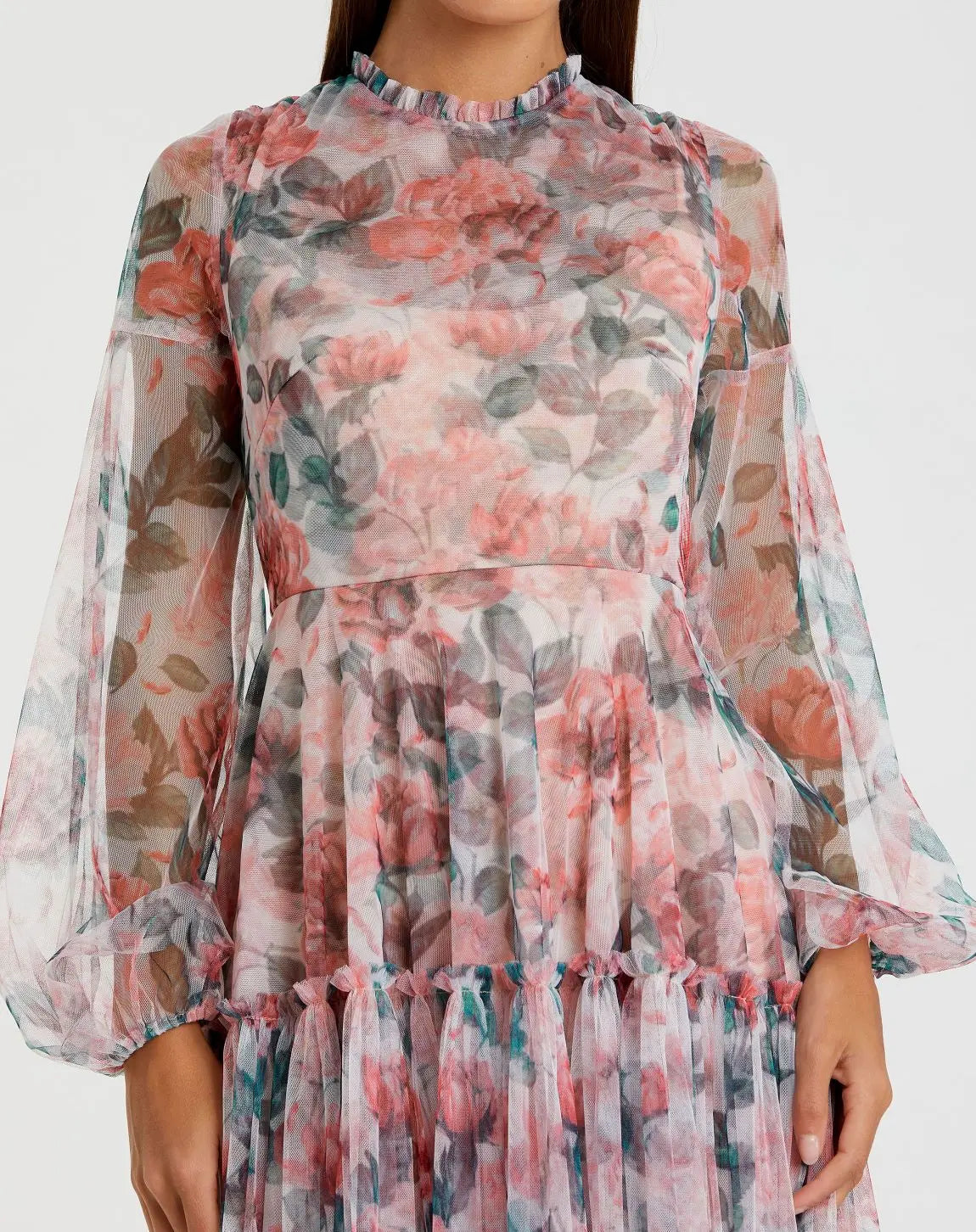 Multicolor Floral High Neck Balloon Sleeve Midi Dress - Image 2