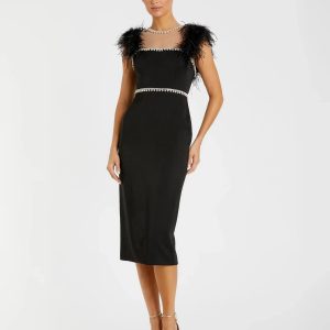 Black Feather Cap Sleeve Pearl Embellished Tea-length Dress