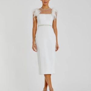 White Feather Cap Sleeve Pearl Embellished Tea-length Dress