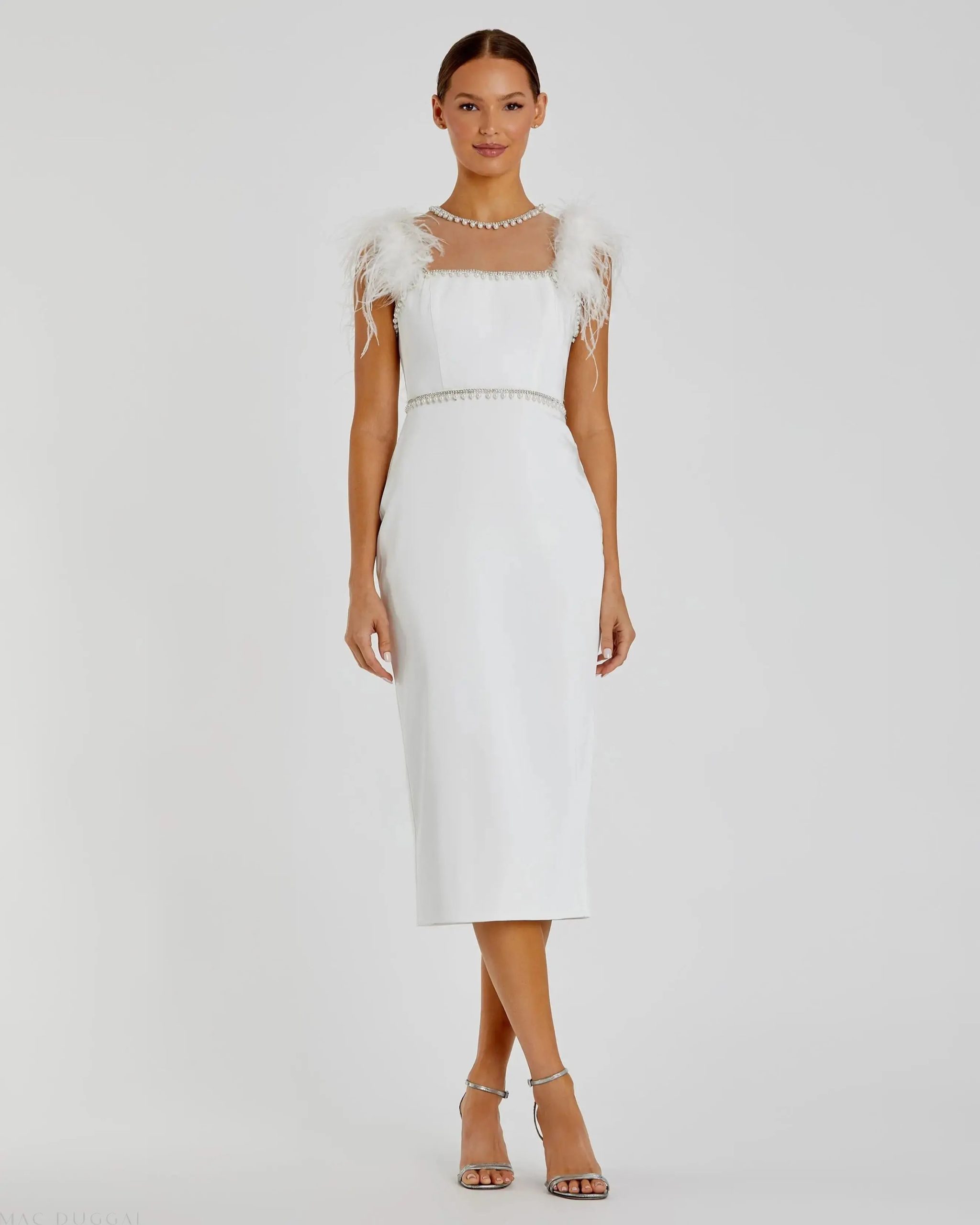 Feather Cap Sleeve Pearl Embellished Tea-length Dress - Image 2