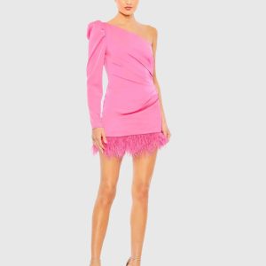 Feather Trim One Shoulder Draped Mini Dress - FINAL SALE
