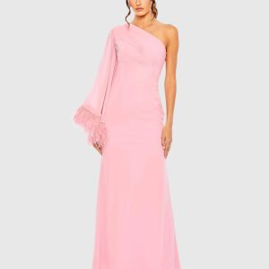 Pink Feather Cuff One Shoulder Ruched Gown