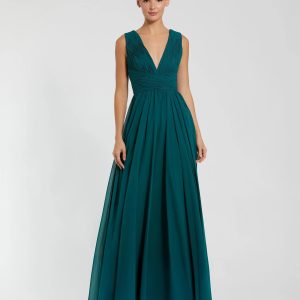 Teal Sleeveless Ruched V Neck Chiffon Gown