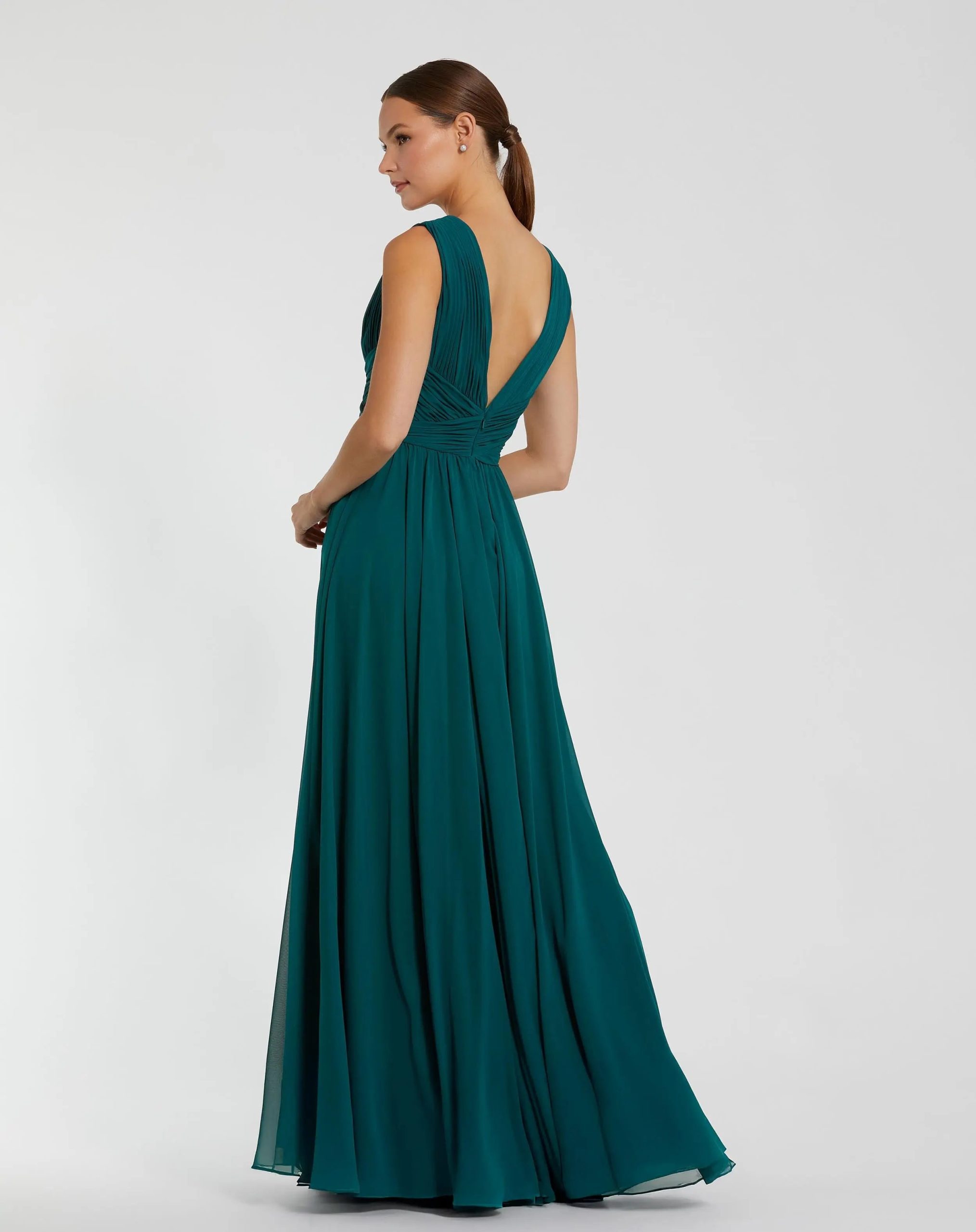 Teal Sleeveless Ruched V Neck Chiffon Gown - Image 3