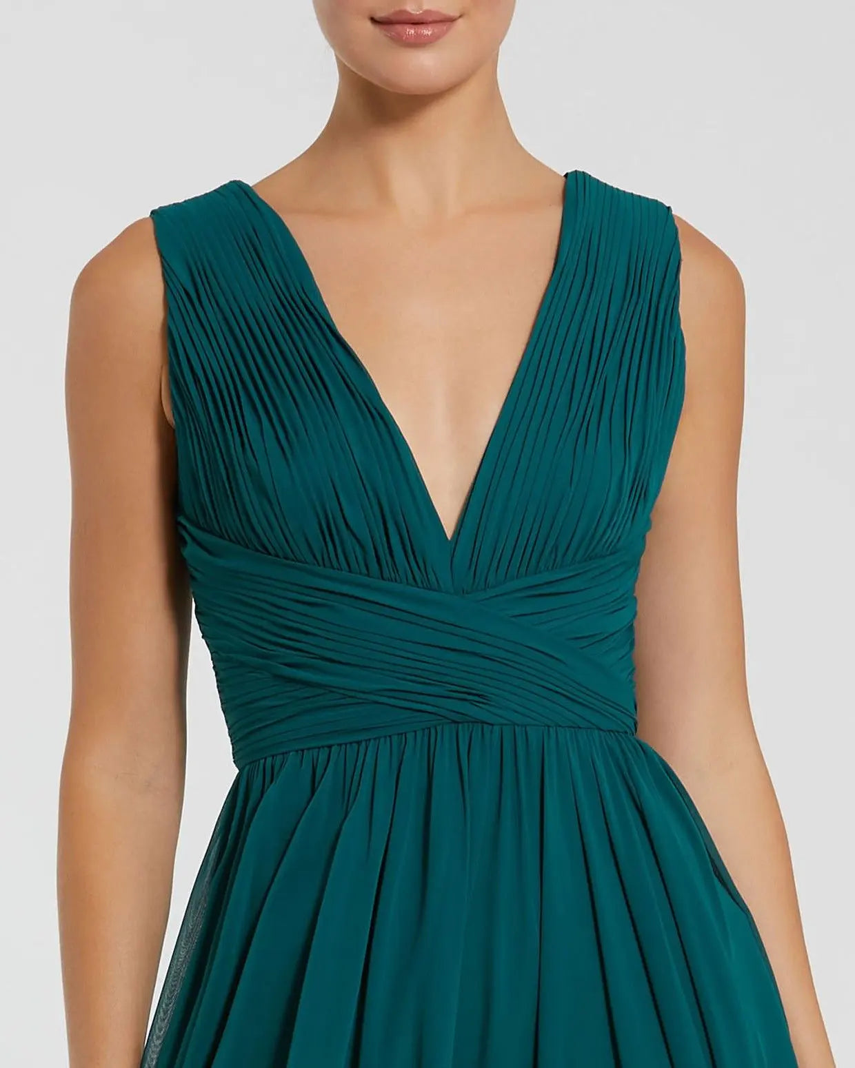 Teal Sleeveless Ruched V Neck Chiffon Gown - Image 2