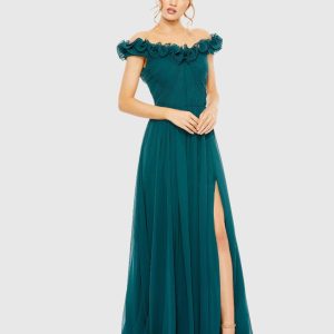 Teal Ruched Off The Shoulder A Line Gown - FINAL SALE