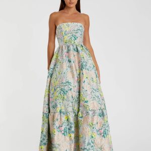 Multicolor Strapless Floral Brocade A-Line Gown