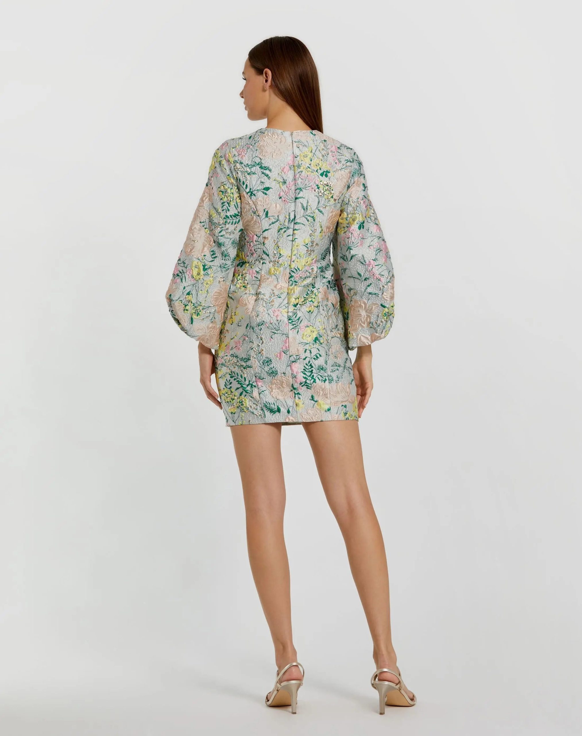 Multicolor Floral Brocade Puff Sleeve Fitted Mini Dress - Image 3